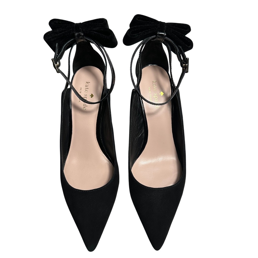 Kate Spade Sheena Black Suede Velvet Bow‎ Ankle Strap Heels Pumps Size 7.5M
